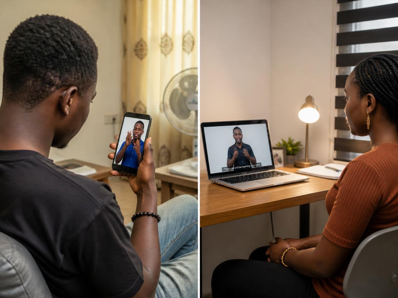 Two Nigerian deaf learners: a young man watching a sign-language lesson on his phone and a young woman watching a sign-language lesson on her laptop